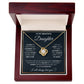 Alt text: "Elegant Personalized Daughter Necklace with Heart Pendant and Cubic Zirconia in Luxurious Mahogany-Inspired Box with LED Lighting"