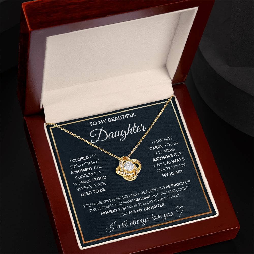 Alt text: "Elegant Personalized Daughter Necklace with Heart Pendant and Cubic Zirconia in a Luxurious Mahogany-Inspired Box"