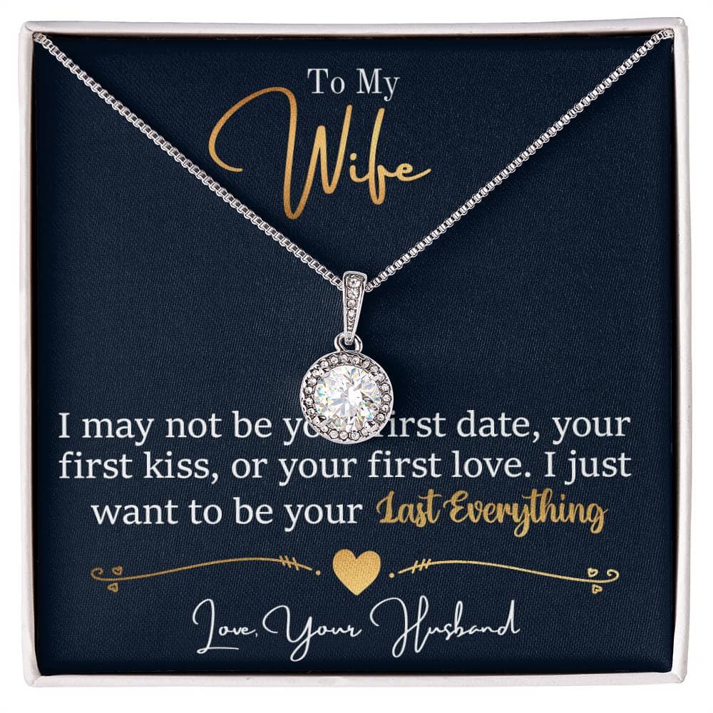 Alt text: "Elegant Personalized Wife Necklace Gift - A necklace in a box with a diamond pendant, symbolizing unending devotion and everlasting love. Crafted with white gold finish over stainless steel. Comes in an elegant presentation box."