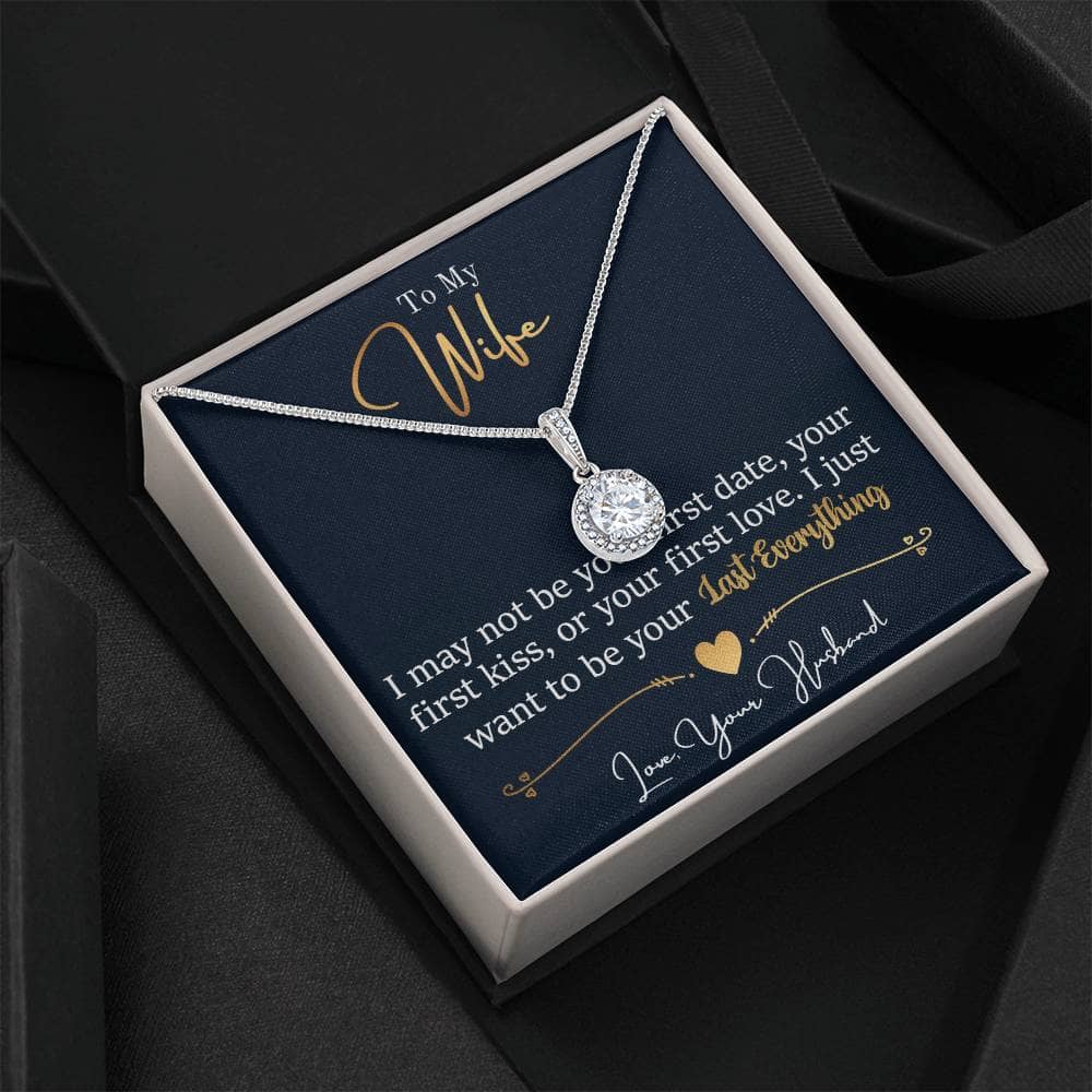 Alt text: "Elegant Personalized Wife Necklace Gift - Lasting Bond Necklace in Box with Cushion-Cut Cubic Zirconia pendant on adjustable box chain. White gold finish over stainless steel. Durable and symbolic of everlasting love. Presented in soft-touch box. 50% discount. Limited stock."