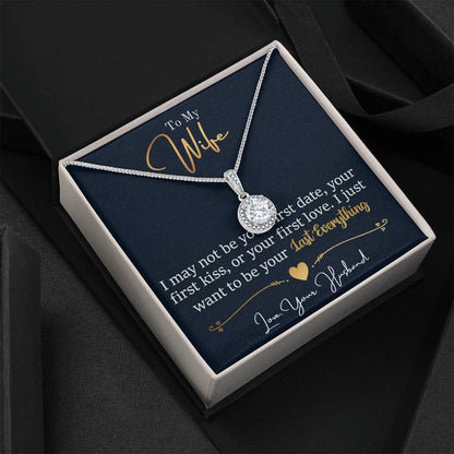 Alt text: "Elegant Personalized Wife Necklace Gift - Lasting Bond Necklace in Box with Cushion-Cut Cubic Zirconia pendant on adjustable box chain. White gold finish over stainless steel. Durable and symbolic of everlasting love. Presented in soft-touch box. 50% discount. Limited stock."