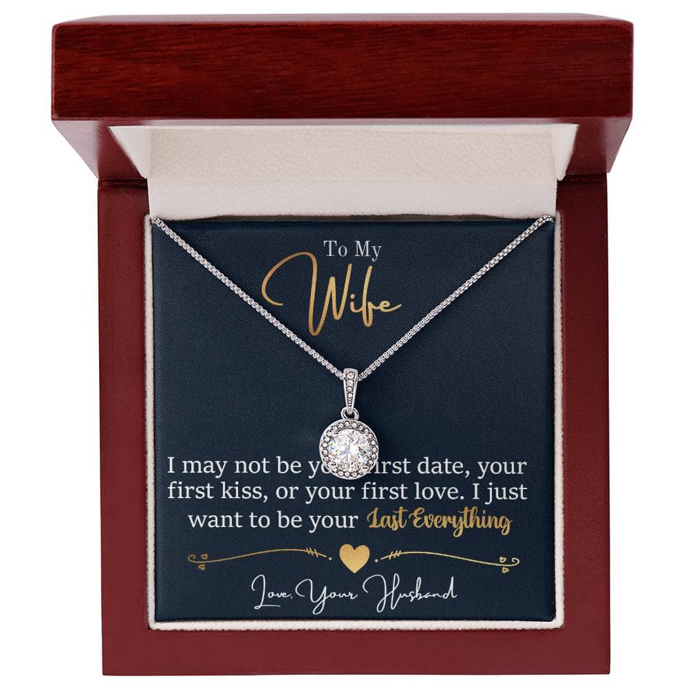 Alt text: "Elegant Personalized Wife Necklace Gift - Lasting Bond Necklace with cushion-cut cubic zirconia pendant on adjustable box chain, white gold finish over stainless steel, presented in a soft-touch box."