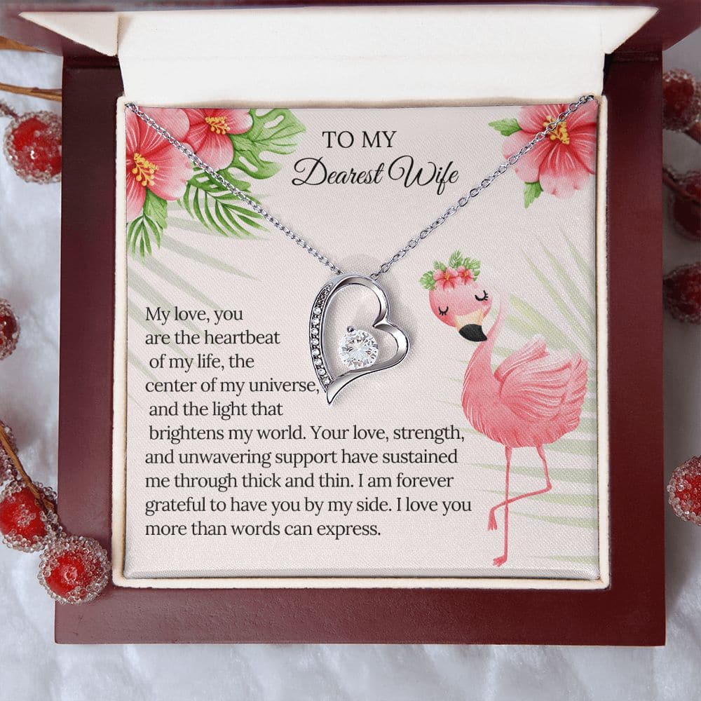 Alt text: "Elegant personalized wife necklace with heart pendant and adjustable chain in a box, showcasing a diamond heart close-up and exquisite craftsmanship."