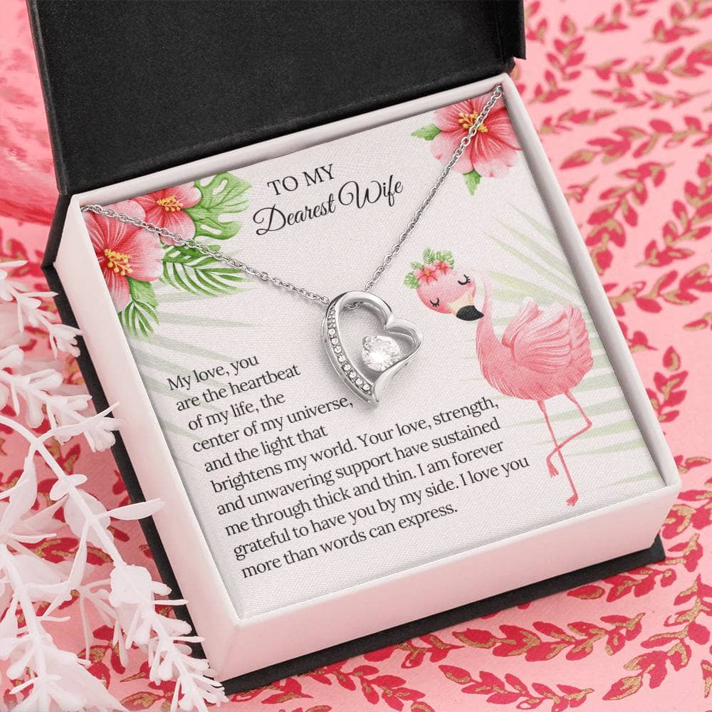 Alt text: "Elegant personalized wife necklace with heart pendant in a box"