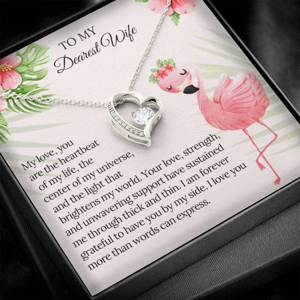 Alt text: "Elegant Personalized Wife Necklace with Heart Pendant in a Box - A sparkling necklace with a cushion-cut cubic zirconia crystal, symbolizing everlasting love. Crafted with 14k white gold finish over stainless steel for durability. Perfectly packaged for gifting."