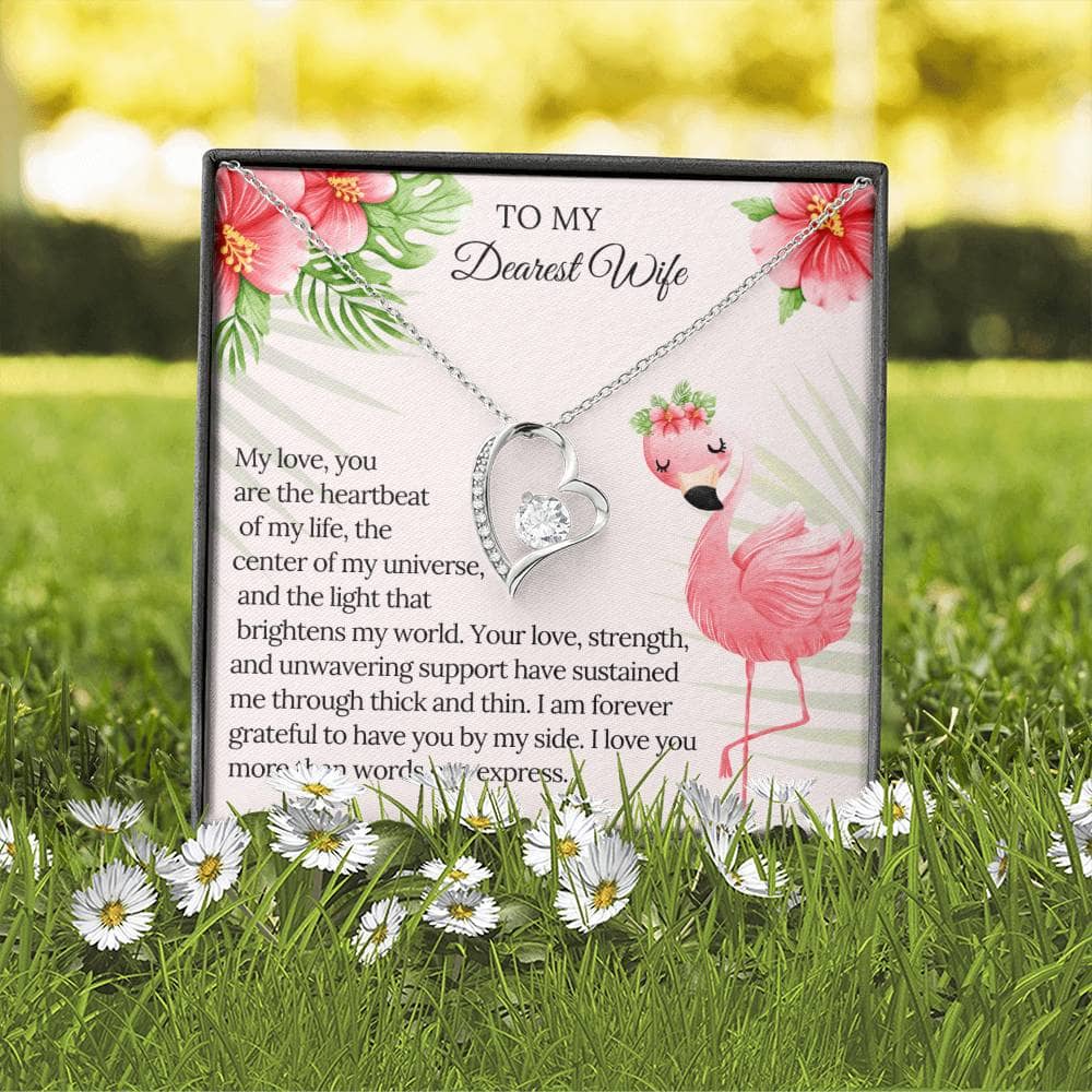 Image alt text: "Elegant Personalized Wife Necklace with Heart Pendant & Adjustable Chain, a symbol of everlasting love and shared moments, crafted with 14k white gold and cubic zirconia crystals. Perfectly packaged in a luxurious box. Limited stock available!"