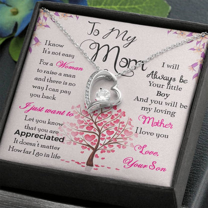Alt text: "Enduring Love Personalized Mother Necklace in a box, featuring a heart-shaped pendant with a cushion-cut cubic zirconia. Adjustable chain included."