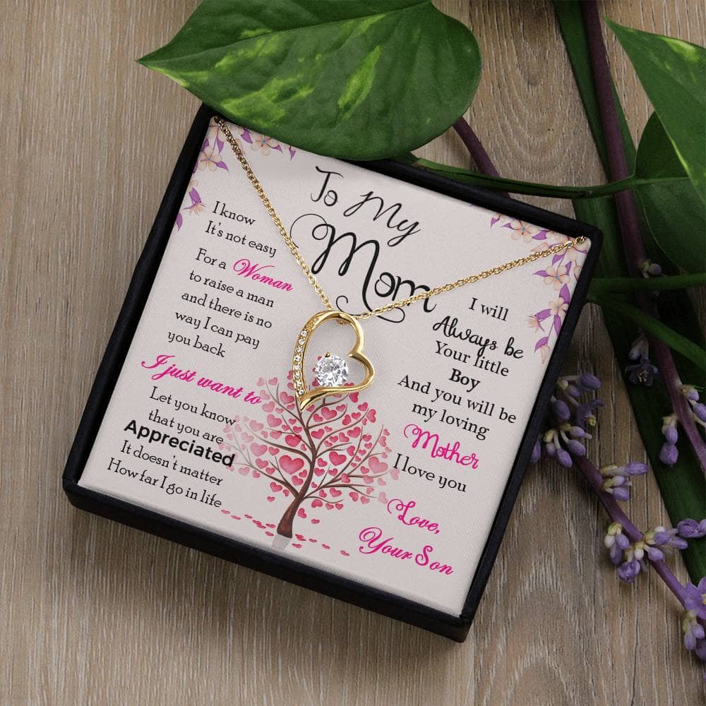 Alt text: "Enduring Love Personalized Mother Necklace From Child - A necklace in a box with a heart-shaped pendant and a radiant cubic zirconia, symbolizing unending love and appreciation."