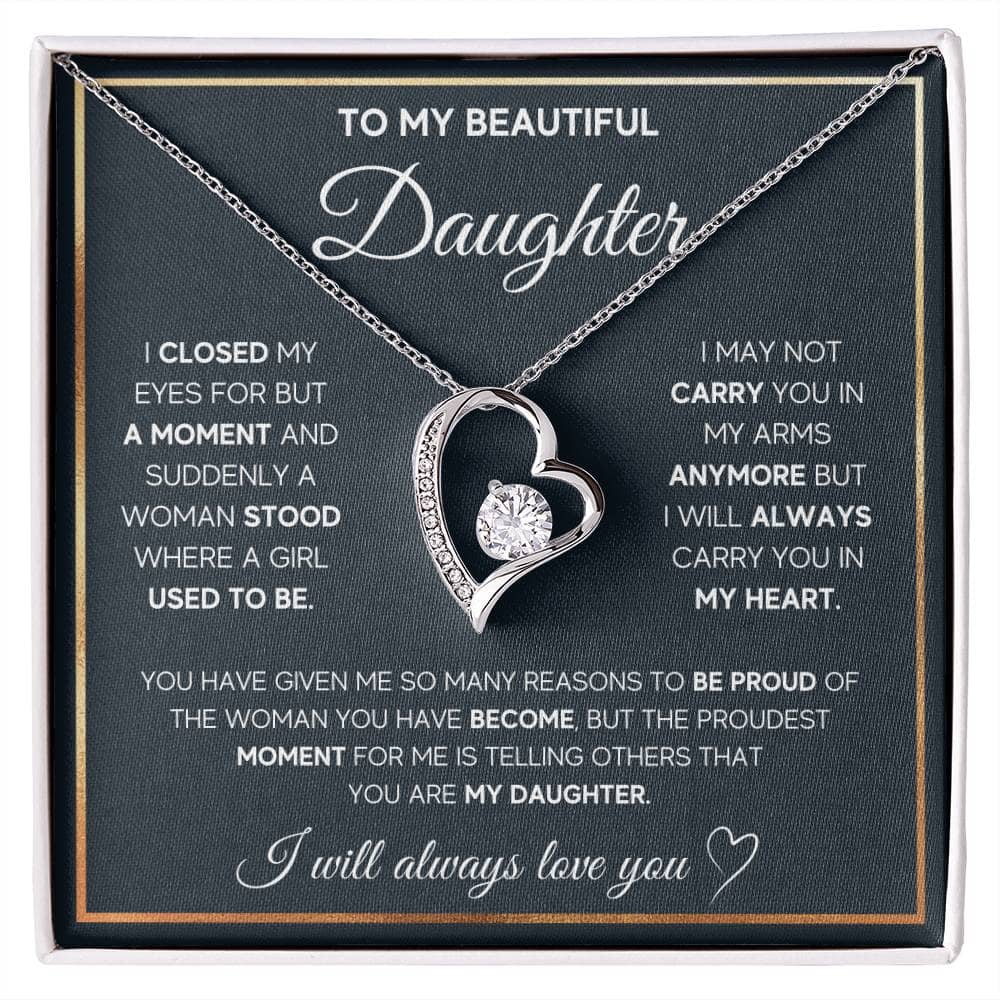 Alt text: "Eternal Bond Personalized Daughter Necklace - A heart-shaped diamond necklace symbolizing endless love, housed in a luxurious mahogany-style box with LED lighting. Perfect for celebrating milestones and expressing boundless love. Made with top-tier materials for lasting beauty."