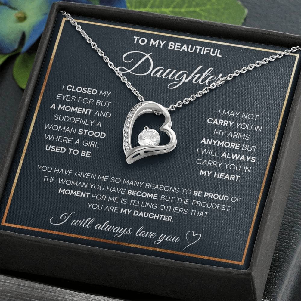 Alt text: "Eternal Bond Personalized Daughter Necklace in a box, featuring a heart-shaped pendant with cushion-cut cubic zirconia, adjustable chain, and LED-lit mahogany-style packaging."