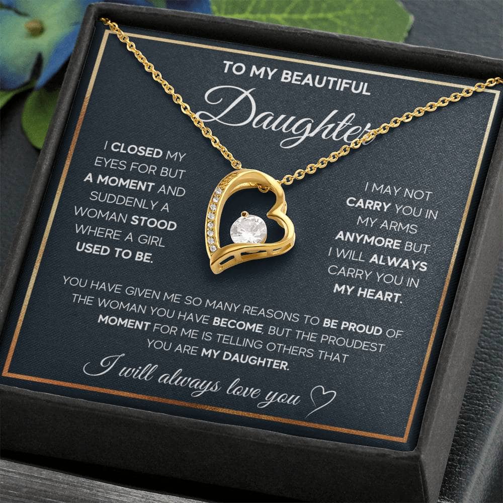 Alt text: "Eternal Bond Personalized Daughter Necklace in a box, featuring a gold heart with a diamond. Symbolizes unbreakable love and affection between parents and daughters. Perfect gift for milestones, birthdays, or holidays. Crafted with top-tier materials and adjustable chain for comfort. Luxurious packaging with LED lighting. From Bespoke Necklace."