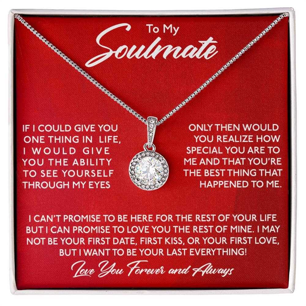 Alt text: "Personalized Soulmate Necklace in a box, adorned with cushion-cut cubic zirconia pendant. Available in 14k white gold or 18k gold finish. Symbol of enduring affection and commitment."