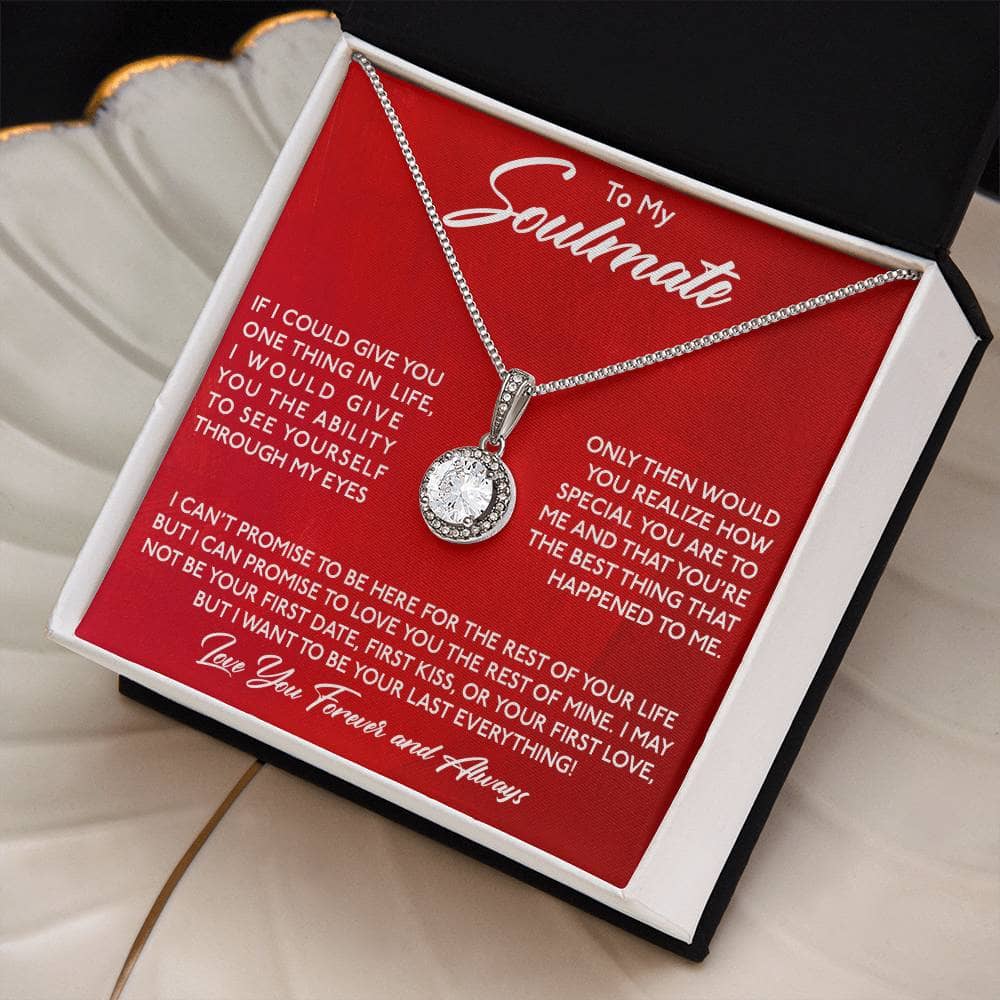 Alt text: "Personalized Soulmate Necklace in box with LED lighting and cushion-cut cubic zirconia pendant symbolizing enduring affection and commitment."