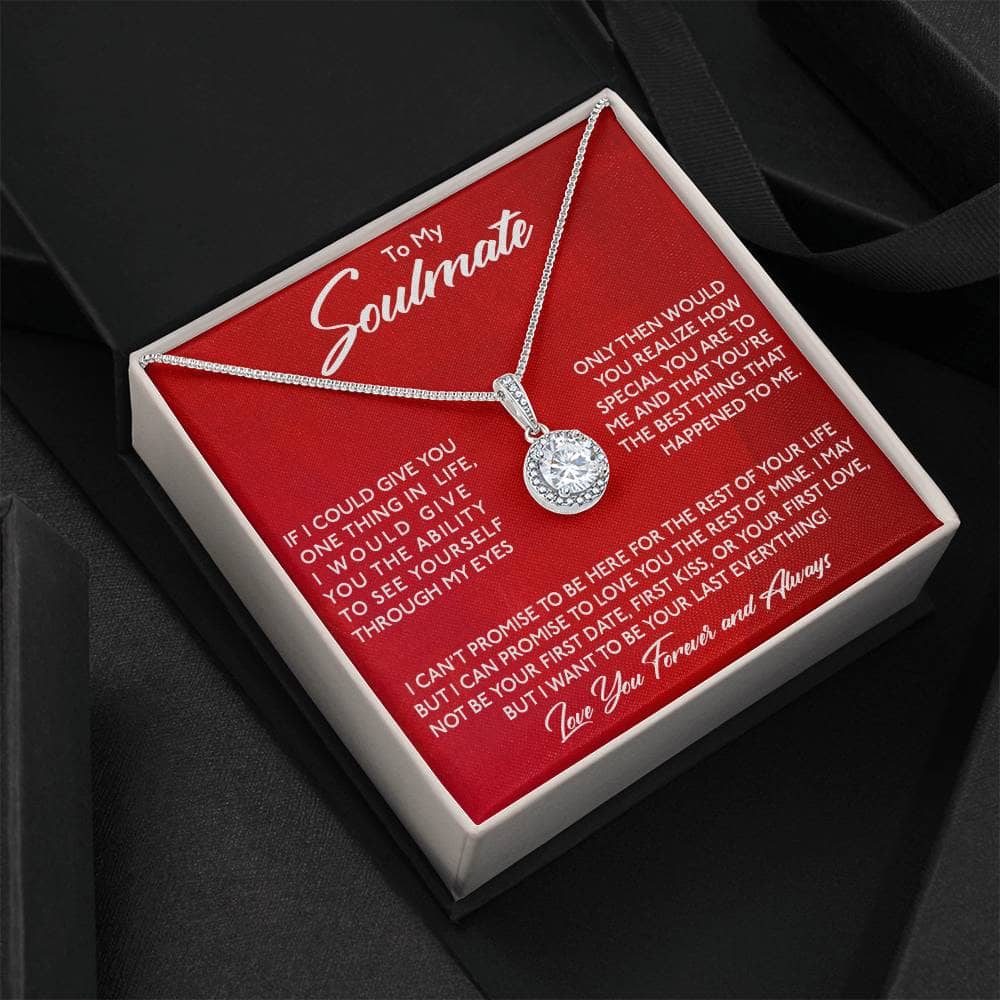 Alt text: "Personalized Soulmate Necklace in a box - symbol of enduring affection and commitment, adorned with cushion-cut cubic zirconia, available in 14k white gold or 18k gold finish, exquisite pendant designs, LED-lit mahogany-style box, adjustable chain for perfect fit and comfort"