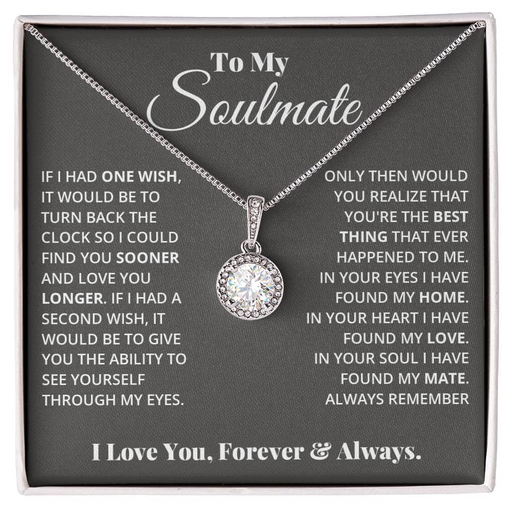 Alt text: "Eternal Hope Necklace: A necklace in a box with a diamond pendant, symbolizing enduring love and soulmate connection. Crafted with 14k white gold or 18k gold finish, it's a radiant complement to any outfit. Packaged in an elegant box with LED lighting. Perfect for romantic occasions and special moments. High quality and value for money. Personalized and sustainable. A meaningful gift from Bespoke Necklace."