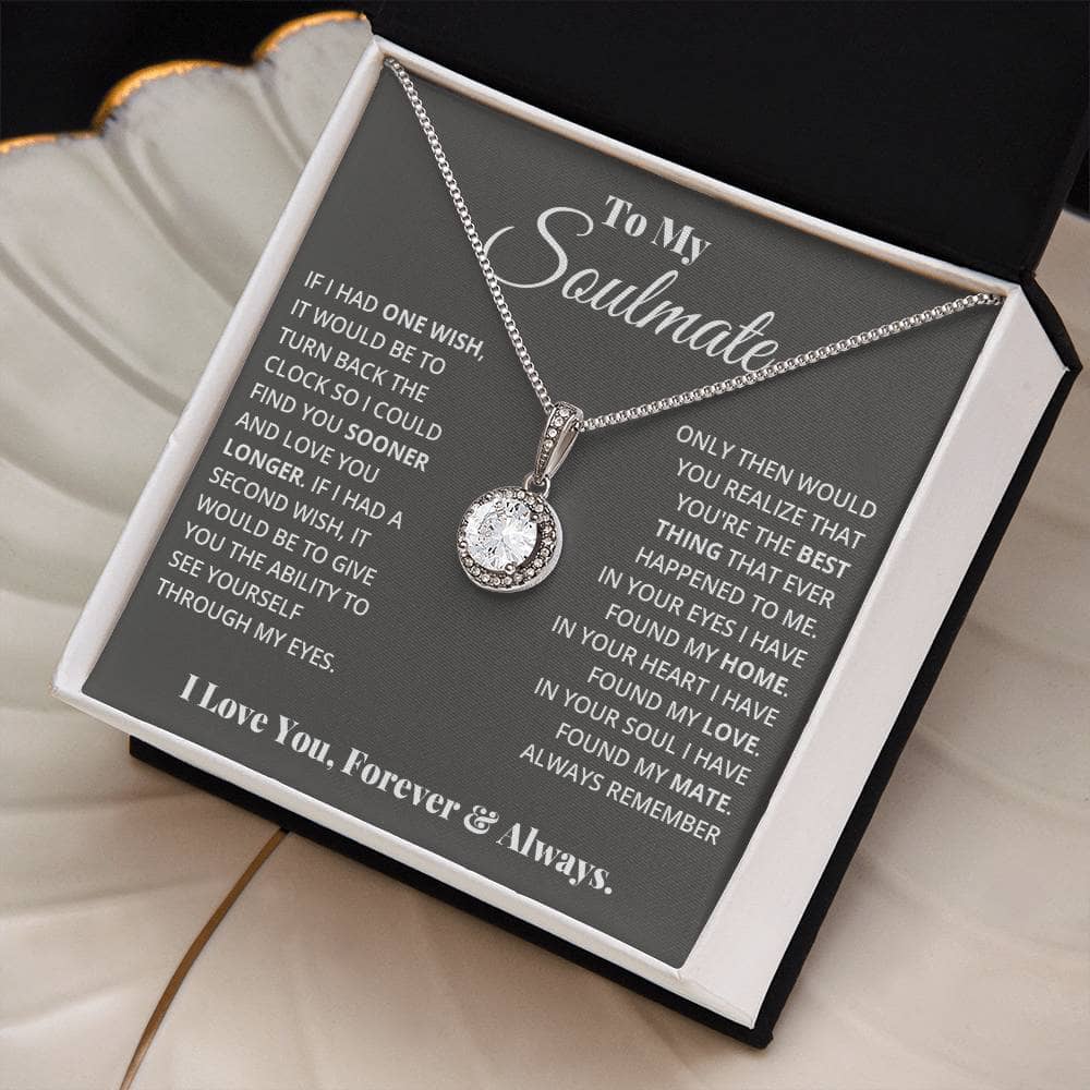 Alt text: "Eternal Hope Necklace: A necklace in a box with a silver pendant, symbolizing enduring love and deep connections. Perfect for romantic occasions and special moments. Packaged in an elegant box with LED lighting. Crafted with precision and care, showcasing exceptional materials and expert craftsmanship. A meaningful gift from Bespoke Necklace."