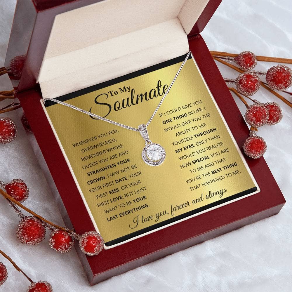 Alt text: "Personalized Soulmate Necklace in a luxurious box with a heartfelt message"