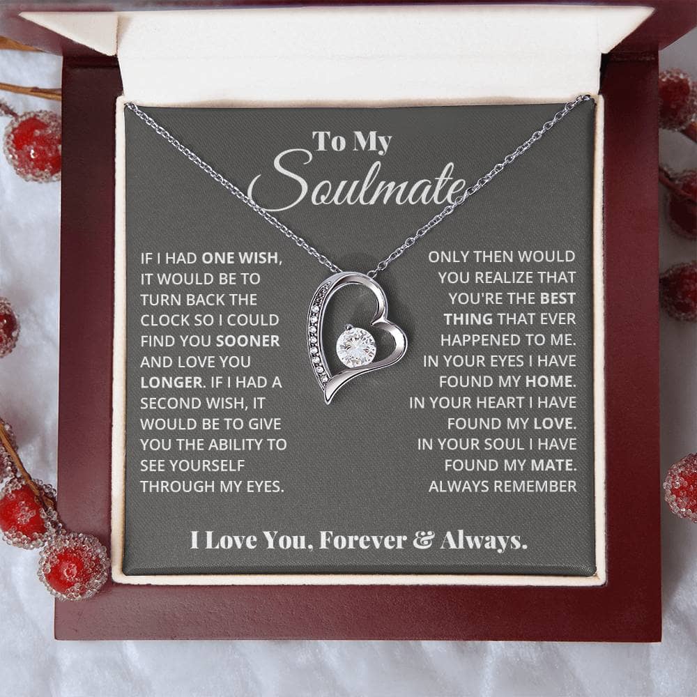 Alt text: "Forever Love Necklace - heart pendant with CZ crystal, adorned with tiny crystals, white or yellow gold finish, adjustable chain length, lobster clasp attachment, tenderly wrapped in a soft touch box"