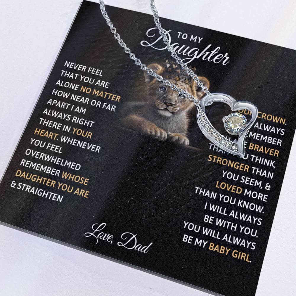 Alt text: "Eternal Love Personalized Daughter Necklace - Heart-shaped pendant with lion and tiger design on a black square. Crafted from premium cubic zirconia, adjustable chain for ideal fit."