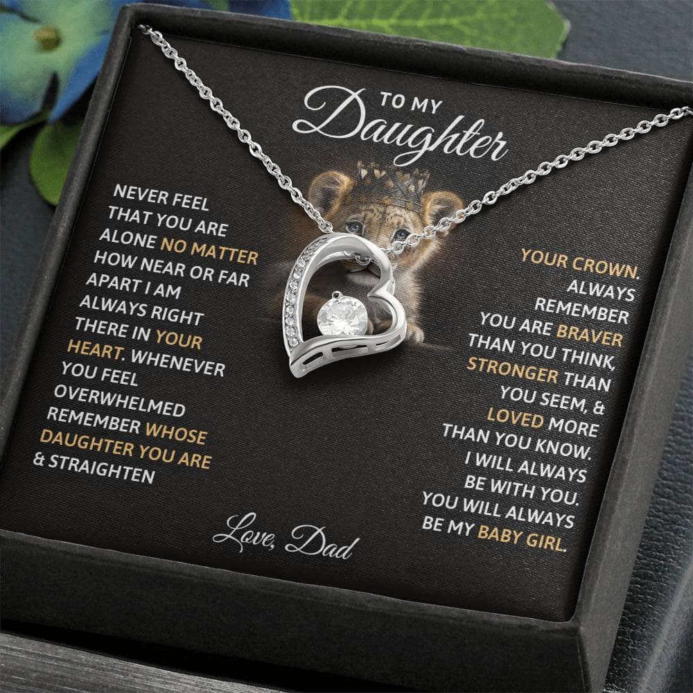 Alt text: "Eternal Love Personalized Daughter Necklace in a box, featuring a heart-shaped pendant with a cushion-cut cubic zirconia. Adjustable chain for perfect fit."
