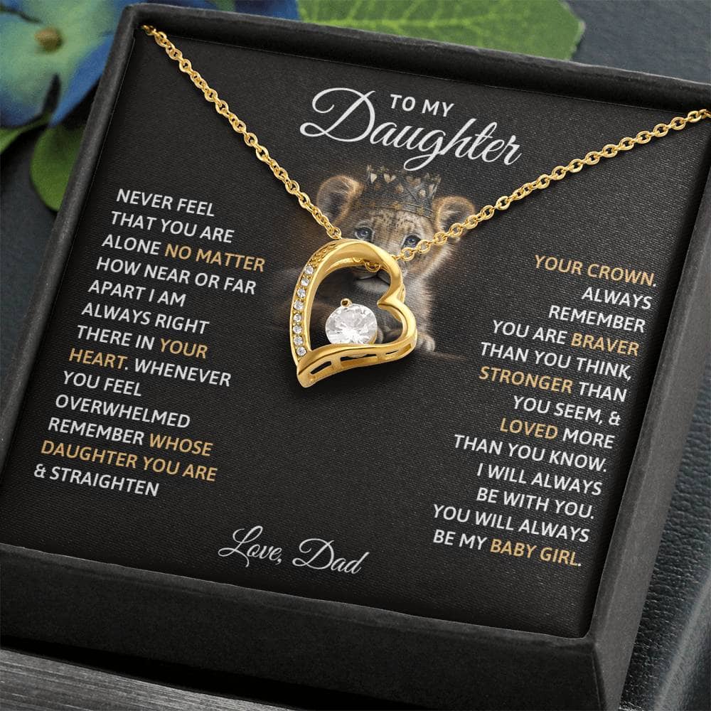 Alt text: "Eternal Love Personalized Daughter Necklace in a box, featuring a gold heart-shaped pendant on an adjustable chain."