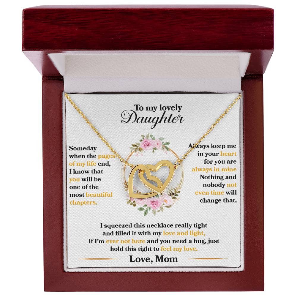 Alt text: "Exquisite Personalized Daughter Necklace with Interlocking Hearts in a mahogany-style box with LED lighting"