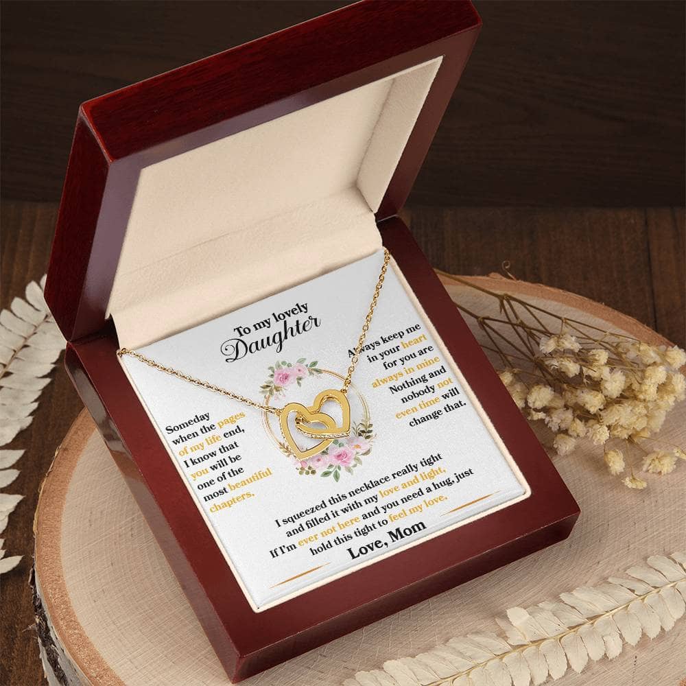 Alt text: "Exquisite Personalized Daughter Necklace with Interlocking Hearts in a Mahogany-Style Box with LED Lighting"