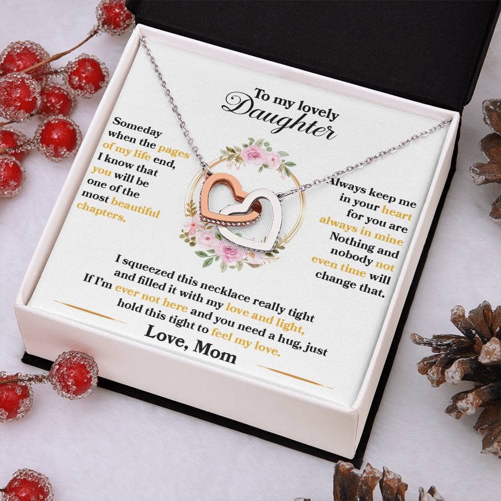 Alt text: "Exquisite Personalized Daughter Necklace with Interlocking Hearts in Mahogany-Style Box with LED Lighting"