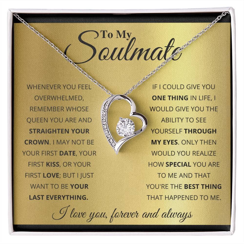 Alt text: "A necklace with a heart-shaped diamond, symbolizing eternal love and affection. Personalized Soulmate Necklace, available in 14k white or 18k gold. Perfect gift with luxurious packaging."
