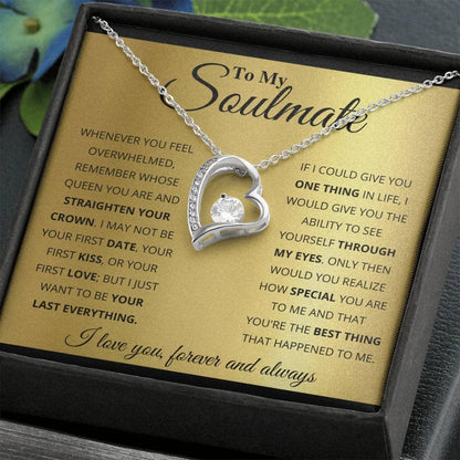 Alt text: "Forever Love" Customized Soulmate Necklace - A stunning necklace in a box, featuring a diamond pendant intertwined with hearts or love knots. Symbolize eternal love with this personalized accessory in 14k white or 18k gold. Perfect for gifting, it comes in a luxurious mahogany-styled gift box with LED lighting.