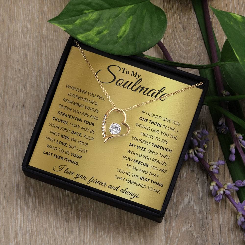 Alt text: "A personalized Soulmate Necklace in a box, featuring a heart-shaped pendant and intricate design. Symbolize eternal love with this stunning 14k white or 18k gold necklace adorned with a cushion-cut cubic zirconia. Perfect for gifting, it comes in a luxurious mahogany-styled gift box with LED lighting. Elevate your expression of love with this exquisite Forever Love Customized Soulmate Necklace."