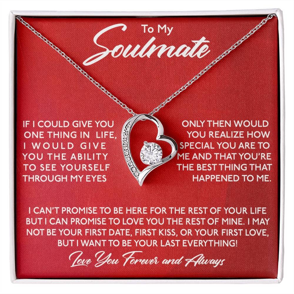 Alt text: "Forever Love Necklace - a heart-shaped pendant in a red box, symbolizing enduring love and commitment."