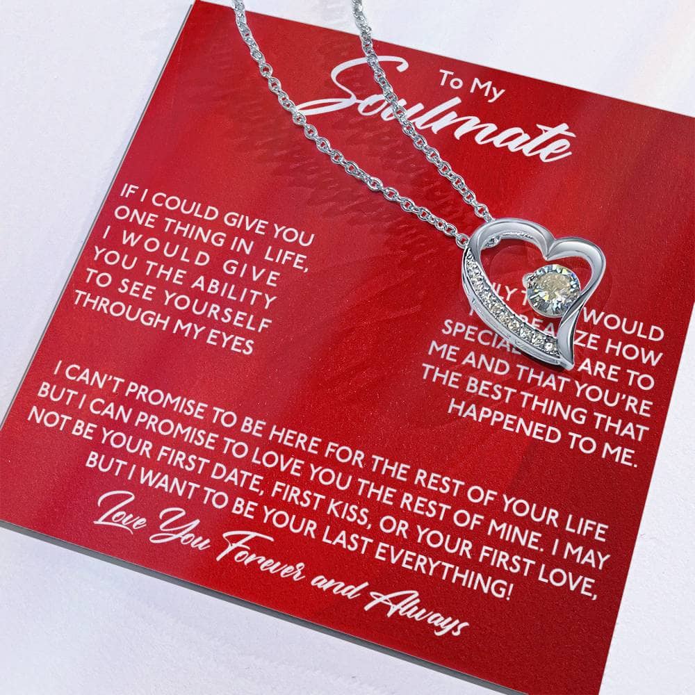 Alt text: "Forever Love Necklace - a necklace on a red card, symbolizing enduring love and commitment, with exquisite 14k white gold or 18K gold finish and cushion-cut cubic zirconia pendant designs representing the deep bond between soulmates."