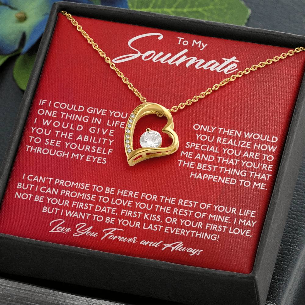 Alt text: "Gold heart necklace in a box, symbolizing enduring love and commitment. Personalized Soulmate Necklace, a special gift for my soulmate."