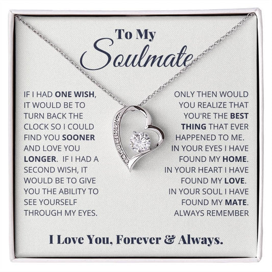 Alt text: "Forever Love Necklace for My Soulmate - A personalized necklace in a box with a diamond heart pendant"