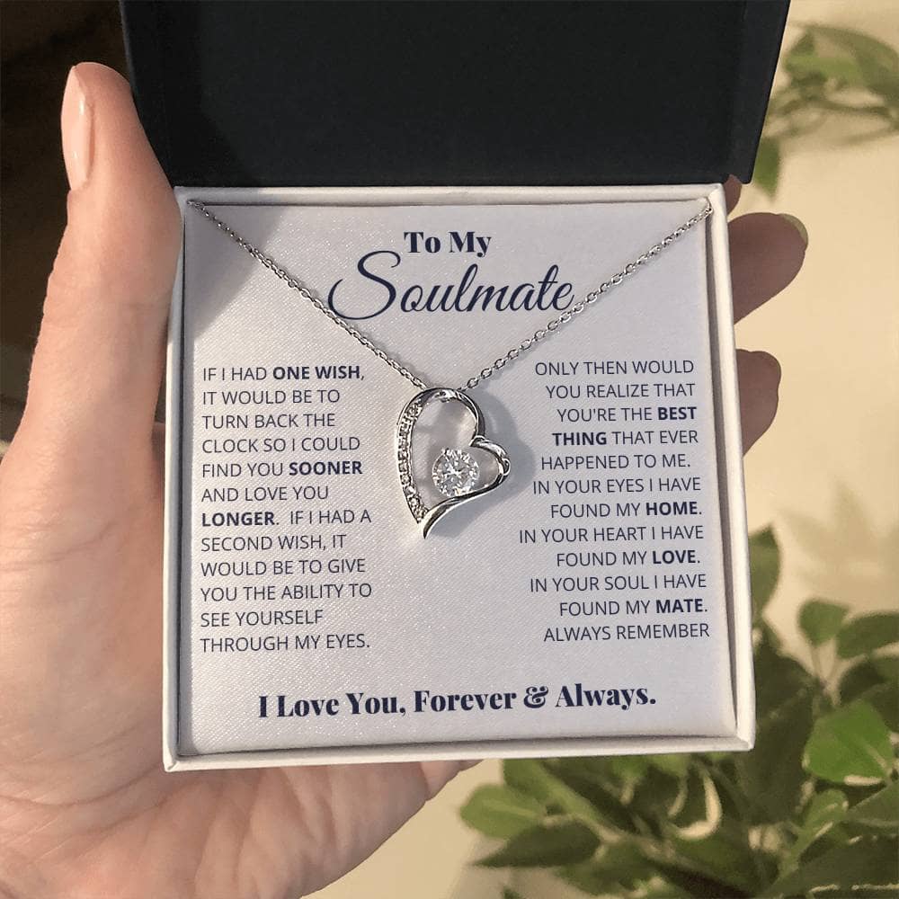 Alt text: "A hand holding the Forever Love Necklace for My Soulmate in a box"