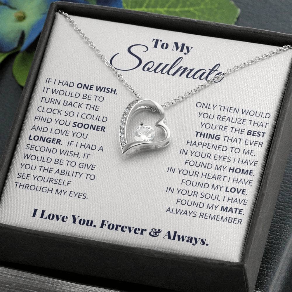 Alt text: "Forever Love Necklace for My Soulmate - A personalized necklace in a box, featuring entwined hearts or refined love knots, crafted with a cushion-cut cubic zirconia. Available in 14k white or 18k gold finishes. Elevate your gift with our exclusive mahogany-style gift box, creating an extraordinary and luxurious surprise."