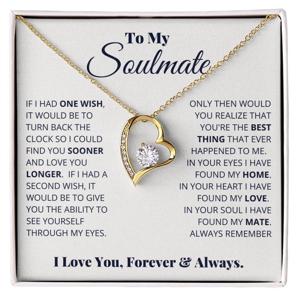 Alt text: "Forever Love Necklace for My Soulmate - A personalized necklace with a heart pendant in a box, symbolizing eternal love and crafted with 14k white or 18k gold. A meaningful gift encased in a luxurious mahogany-style gift box."