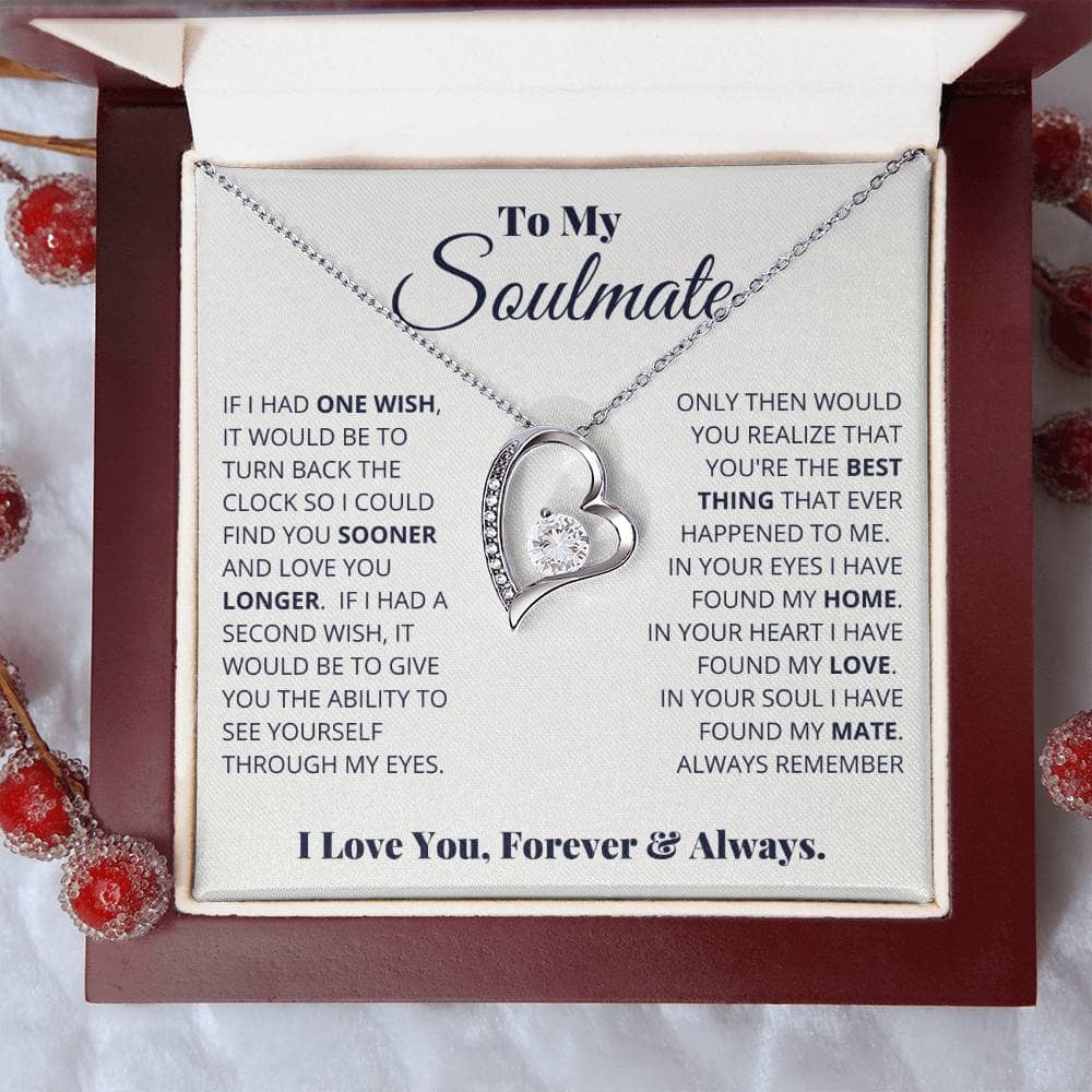 Alt text: "Forever Love Necklace in a personalized mahogany-style gift box with LED lighting"