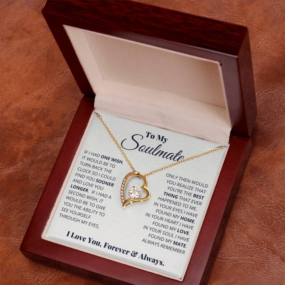 Alt text: "Forever Love Necklace for My Soulmate - A personalized necklace in a luxurious gift box, featuring entwined hearts or love knots design, crafted with a cushion-cut cubic zirconia in 14k white or 18k gold. Symbolizes eternal love and a unique journey."