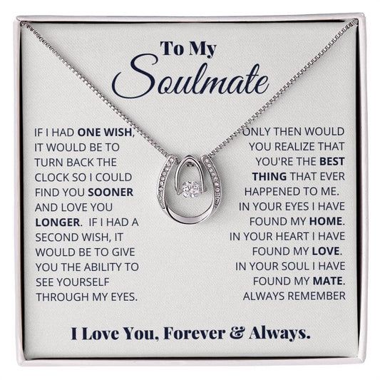 Image alt text: "Forever With You - Custom Soulmate Symbol Necklace in a box, a stunning testament to timeless elegance and enduring love, with cushion-cut cubic zirconia pendant and adjustable chain for a faultless fit."