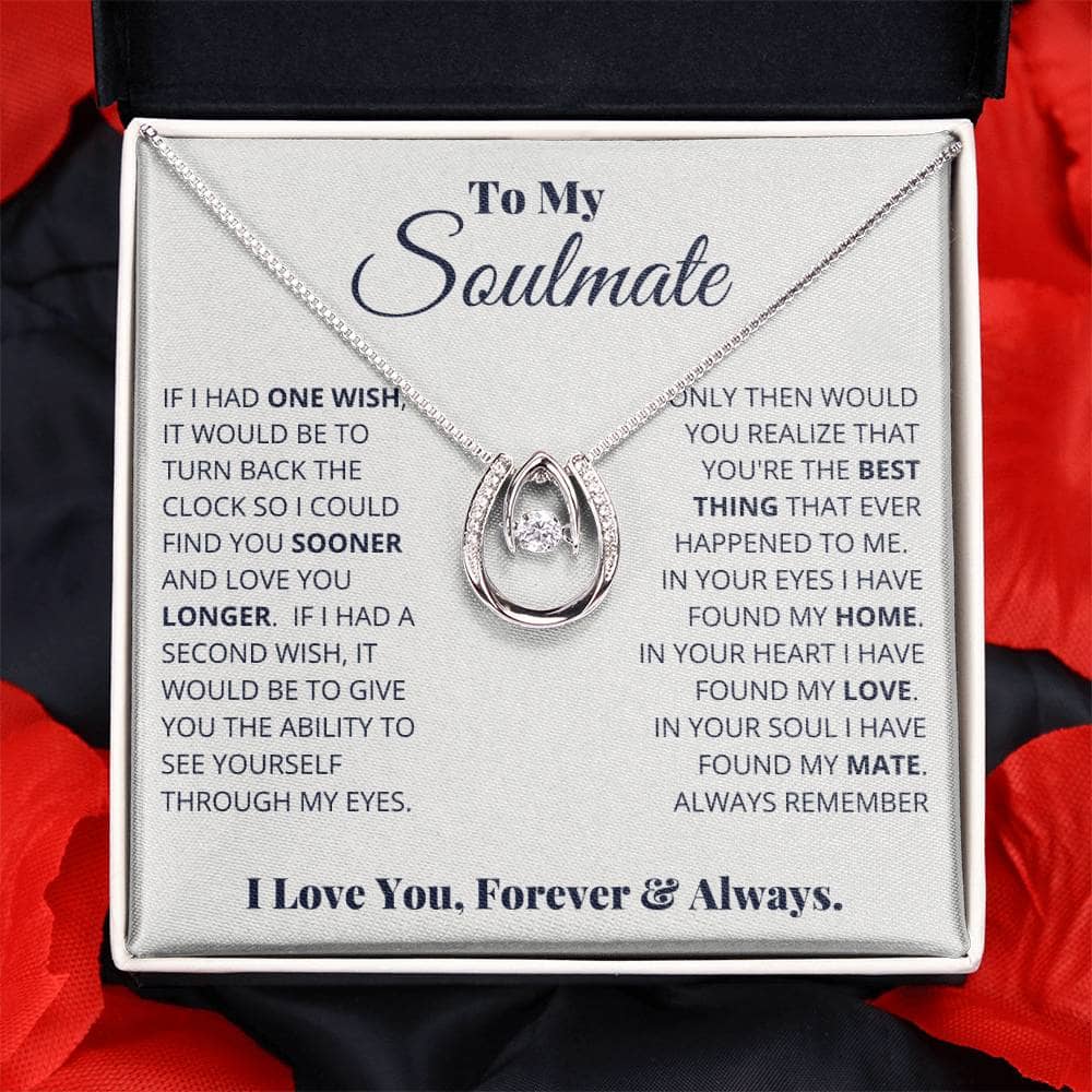 Alt text: "Forever With You - Custom Soulmate Symbol Necklace in a box, showcasing intertwined hearts pendant and adjustable chain. Celebrate enduring love with this elegant and meaningful accessory."