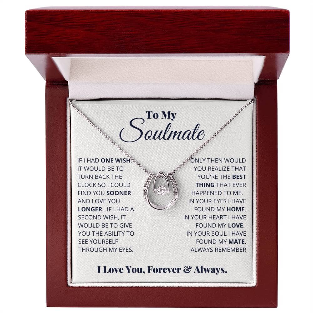 Alt text: "Forever With You - Custom Soulmate Symbol Necklace in a box, featuring intertwined hearts pendant and adjustable chain. Luxurious packaging with LED lighting. A symbol of unbreakable bonds and eternal love."