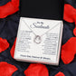 Alt text: "Forever With You - Custom Soulmate Symbol Necklace: A necklace in a box, showcasing a beautifully tailored pendant with interlaced hearts or love knot designs. Available in 14k white gold or 18k gold finish options. Presented in a luxurious mahogany-style box with LED lighting."