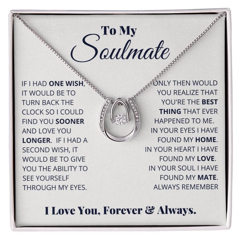 Alt text: "Forever With You - Custom Soulmate Symbol Necklace in a box, featuring interlaced hearts pendant and adjustable chain. Celebrate eternal love with this elegant and personalized necklace."