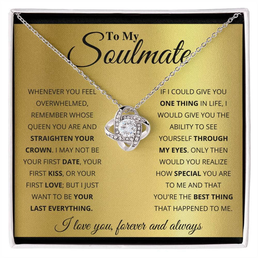 Alt text: "From Me to My Soulmate necklace, a personalized necklace with a diamond pendant symbolizing eternal connection and love."