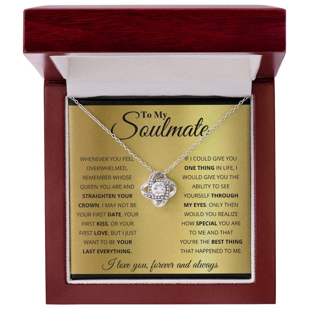 A necklace in a box, featuring a pendant symbolizing eternal connection. Personalized Soulmate Necklace: a symbol of love and resilience.
