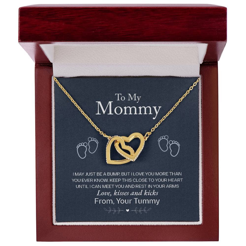 Alt text: "Gold heart necklace in a box - Interlocking Hearts Necklace - Personalized Mother Necklace Gift From Child"