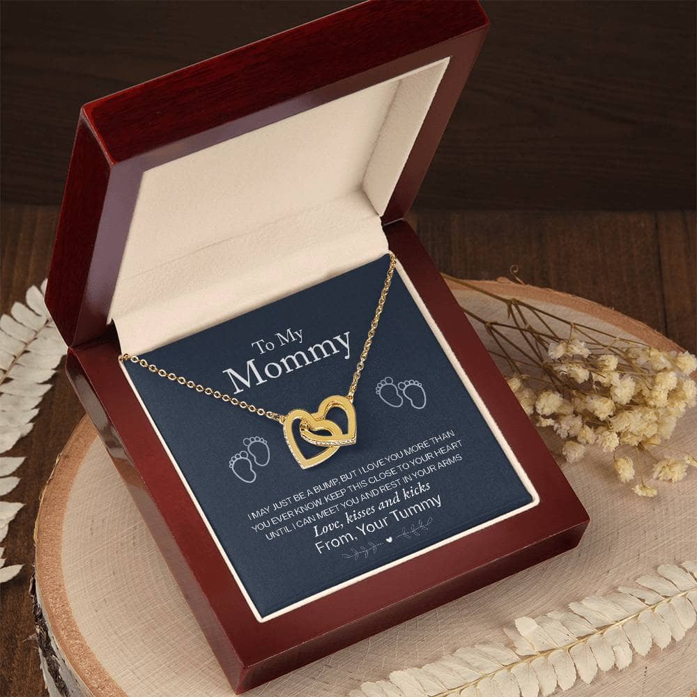 Alt text: "Interlocking Hearts Necklace in a mahogany-styled box with LED light - Personalized Mother Necklace Gift From Child"