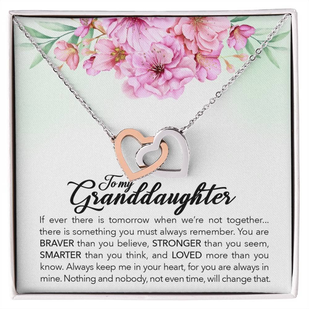 Interlocking Hearts Personalized Granddaughter Necklace - A necklace in a box with a heart-shaped pendant, symbolizing the everlasting love between grandparents and granddaughters.